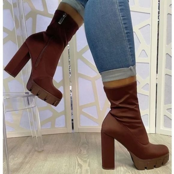 Shoes - Women's Platform Ankle Chunky Heel Boots Brown Color